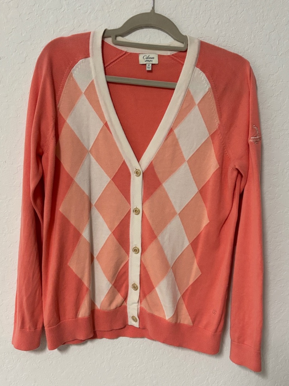 ⛳🌸 Clover by Bobby Jones Pink Argyle Cardigan Size M | Pima Cotton Golf like new